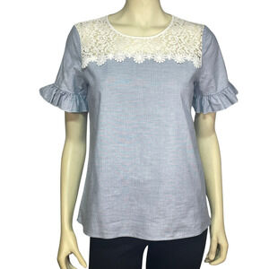 3-FOR-$30 Karl Lagerfeld Sz S Ruffle Sleeve Top Chambray Blue  White Lace